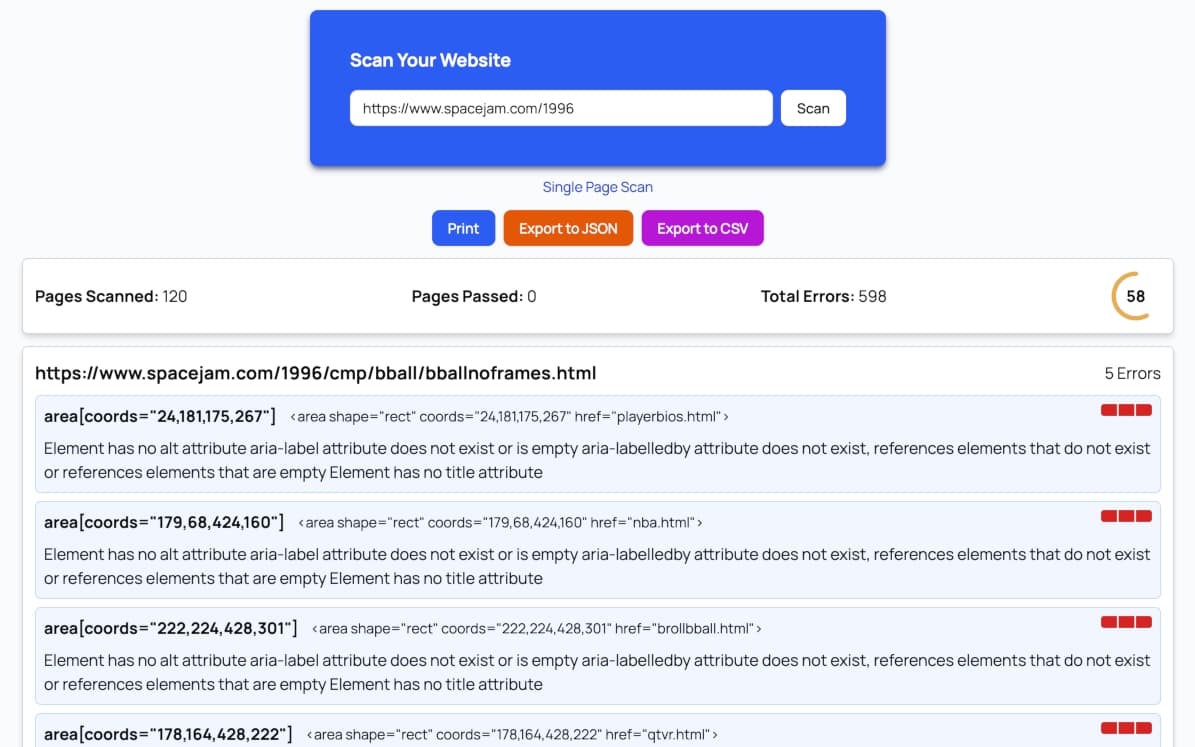 Audti Full Site Scan dashboard showing ADA compliance scores and detailed WCAG violations