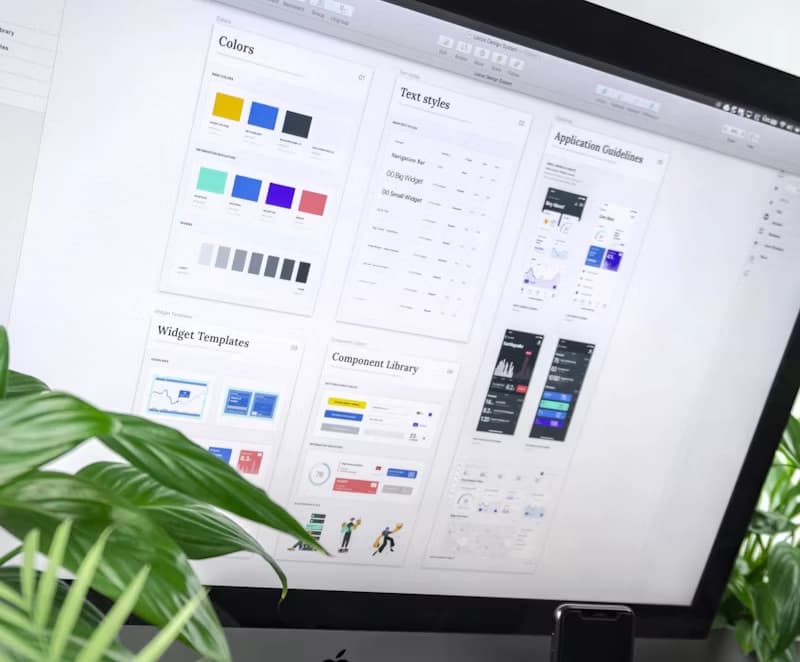 A close-up shot of a designer's screen showing a digital color palette interface and design software.